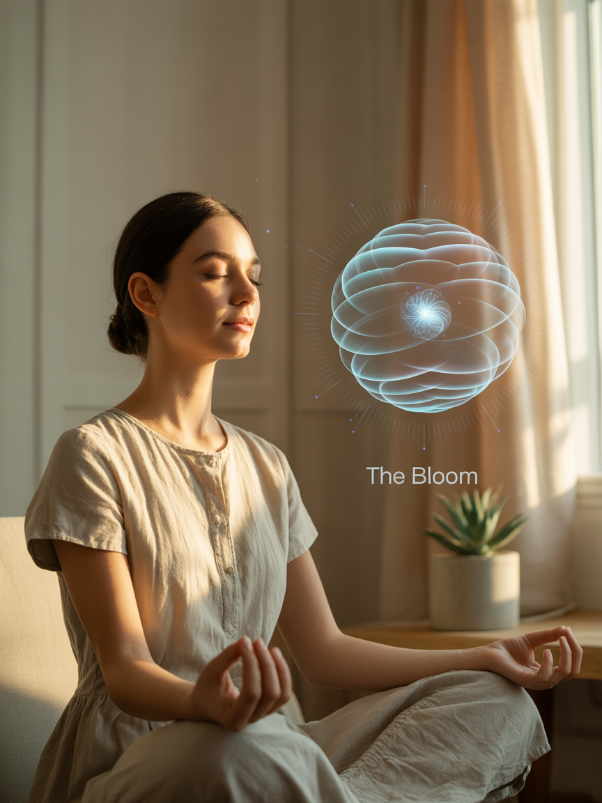 Mujer meditando con holograma